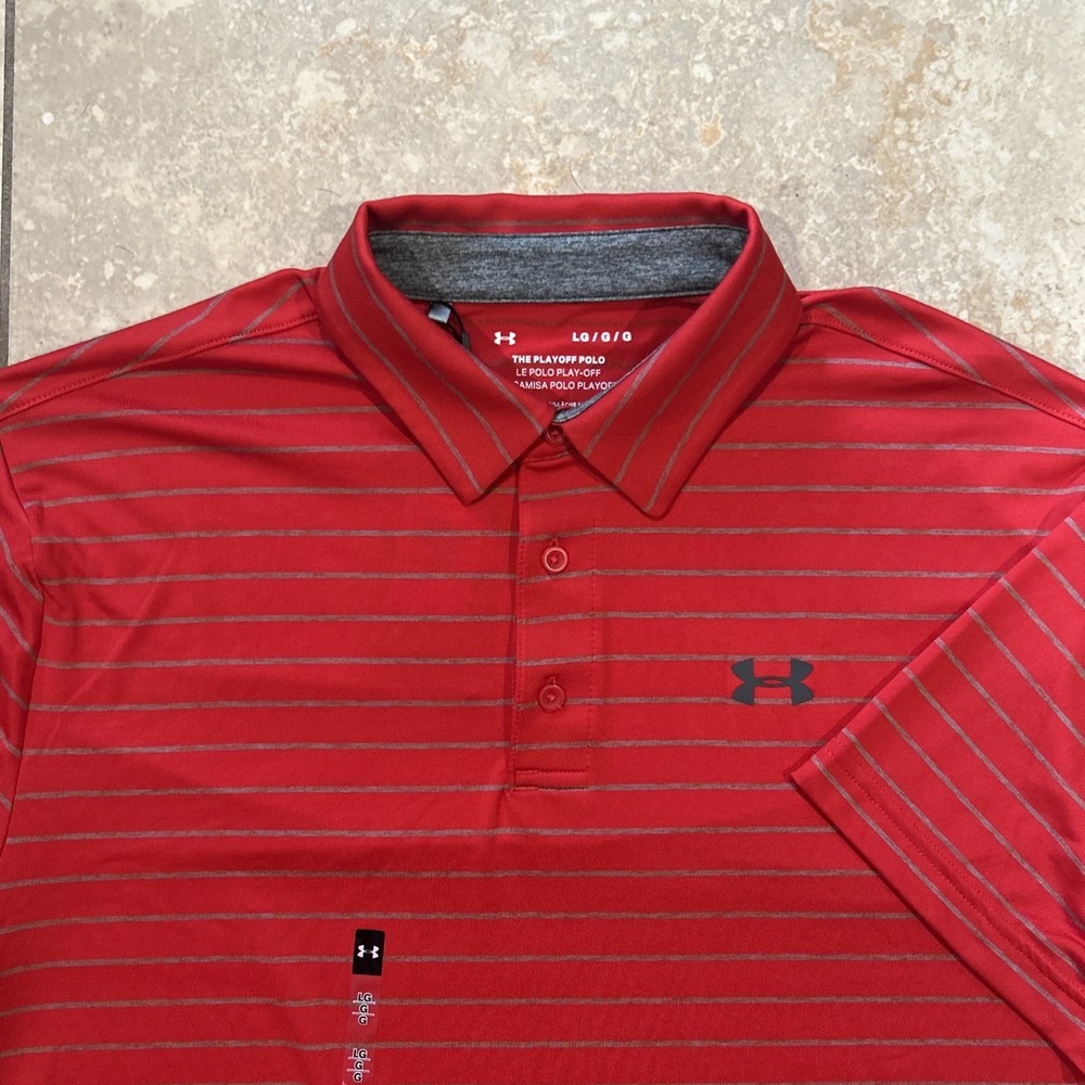 Under‎ Armour Playoff Core Polo Tour Stripe Men's L Red Loose Short Sleeve Golf